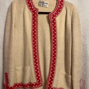 Adolfo Saks Fifth Avenue Cream Open Front Cardigan with Red Polka Dot Trim